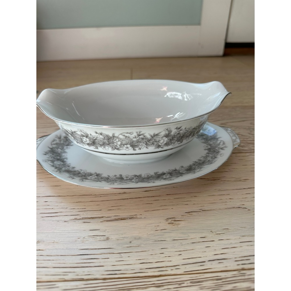 Sango Florentine Gravy Boat with Attached Underplate Grey Floral China Japan